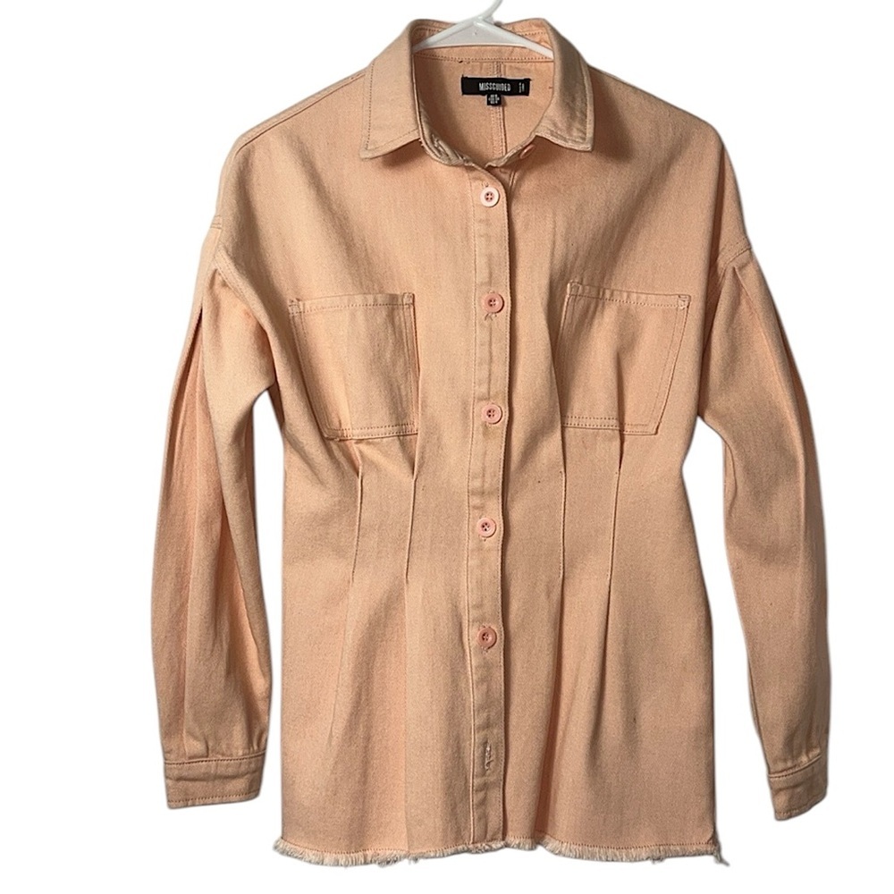 MISSGUIDED cotton long sleeve button down pockets pleated shacket Sz 4 Coral